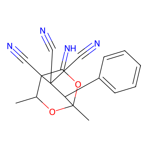 3-imino-1,5-dimethyl-7-phenyl-2,6-dioxabicyclo[2.2.2]octane-4,8,8-tricarbonitrile structure