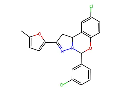9-chloro-5-(3-chlorophenyl)-2-(5-methyl-2-furyl)-1,10b-dihydropyrazolo[1,5-c][1,3]benzoxazine structure