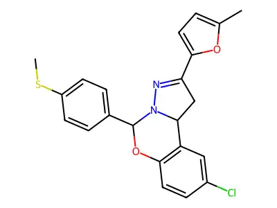 9-chloro-2-(5-methyl-2-furyl)-5-[4-(methylthio)phenyl]-1,10b-dihydropyrazolo[1,5-c][1,3]benzoxazine structure