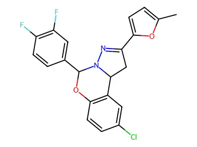 9-chloro-5-(3,4-difluorophenyl)-2-(5-methyl-2-furyl)-1,10b-dihydropyrazolo[1,5-c][1,3]benzoxazine structure