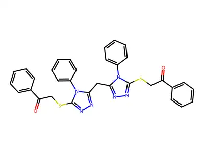 2,2'-((5,5'-methylenebis(4-phenyl-4H-1,2,4-triazole-5,3-diyl))bis(sulfanediyl))bis(1-phenylethanone) structure