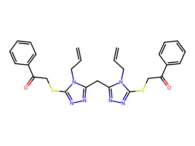 2,2'-((5,5'-methylenebis(4-allyl-4H-1,2,4-triazole-5,3-diyl))bis(sulfanediyl))bis(1-phenylethanone) structure