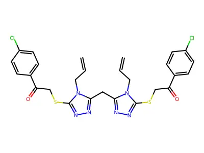 2,2'-((5,5'-methylenebis(4-allyl-4H-1,2,4-triazole-5,3-diyl))bis(sulfanediyl))bis(1-(4-chlorophenyl)ethanone) structure