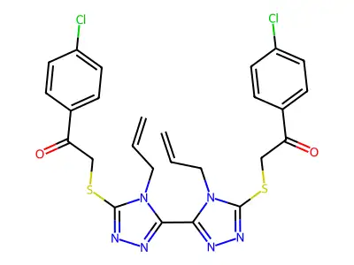 2,2'-((4,4'-diallyl-4H,4'H-[3,3'-bi(1,2,4-triazole)]-5,5'-diyl)bis(sulfanediyl))bis(1-(4-chlorophenyl)ethanone) structure