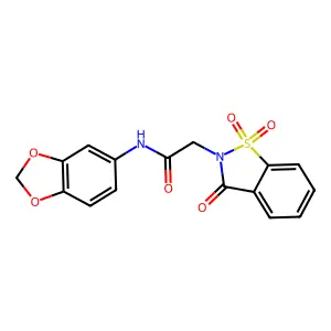 N-(1,3-benzodioxol-5-yl)-2-(1,1,3-trioxo-1,2-benzothiazol-2-yl)acetamide structure