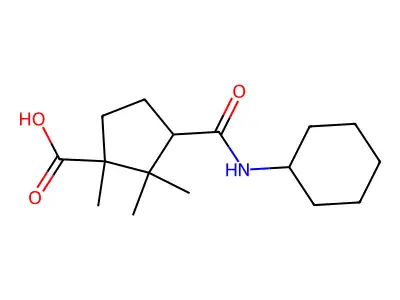 3-Cyclohexylcarbamoyl-1,2,2-trimethyl-cyclopentanecarboxylic acid structure