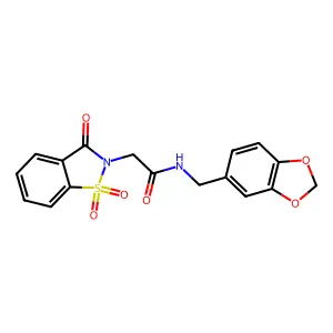 N-(1,3-benzodioxol-5-ylmethyl)-2-(1,1,3-trioxo-1,2-benzothiazol-2-yl)acetamide structure