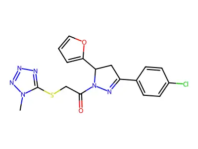 1-[5-(4-chlorophenyl)-3-(furan-2-yl)-3,4-dihydropyrazol-2-yl]-2-(1-methyltetrazol-5-yl)sulfanylethanone structure