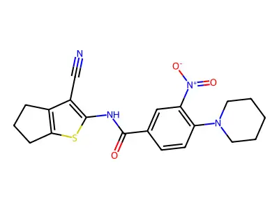 N-(3-cyano-5,6-dihydro-4H-cyclopenta[b]thiophen-2-yl)-3-nitro-4-(piperidin-1-yl)benzamide structure