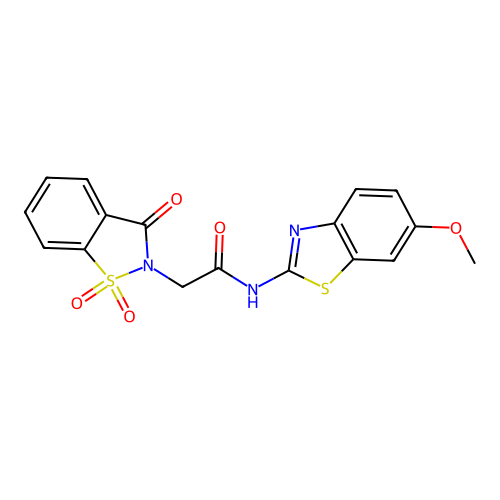 N-(6-methoxy-1,3-benzothiazol-2-yl)-2-(1,1,3-trioxo-1,2-benzothiazol-2-yl)acetamide structure