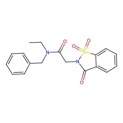 N-benzyl-N-ethyl-2-(1,1,3-trioxo-1,2-benzothiazol-2-yl)acetamide structure