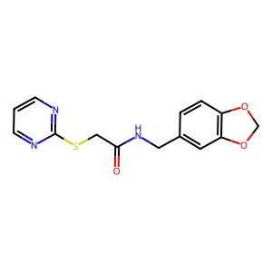N-[(2H-1,3-benzodioxol-5-yl)methyl]-2-(pyrimidin-2-ylsulfanyl)acetamide structure