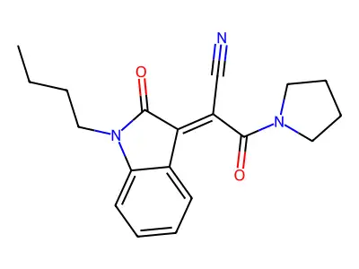 (2E)-2-(1-butyl-2-oxoindol-3-ylidene)-3-oxo-3-pyrrolidin-1-ylpropanenitrile structure