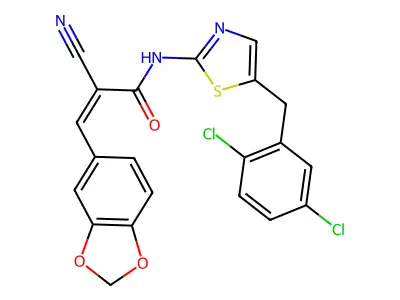 (Z)-3-(1,3-Benzodioxol-5-yl)-2-cyano-N-[5-[(2,5-dichlorophenyl)methyl]-1,3-thiazol-2-yl]prop-2-enamide structure