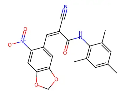 2-cyano-3-(6-nitro-1,3-dioxaindan-5-yl)-N-(2,4,6-trimethylphenyl)prop-2-enamide structure