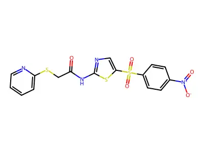 N-[5-(4-nitrophenyl)sulfonyl-1,3-thiazol-2-yl]-2-pyridin-2-ylsulfanylacetamide structure