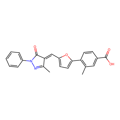 3-methyl-4-{5-[(E)-(3-methyl-5-oxo-1-phenyl-1,5-dihydro-4H-pyrazol-4-ylidene)methyl]furan-2-yl}benzoic acid structure