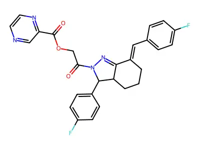 (E)-2-(7-(4-Fluorobenzylidene)-3-(4-fluorophenyl)-3,3a,4,5,6,7-hexahydro-2H-indazol-2-yl)-2-oxoethyl pyrazine-2-carboxylate structure