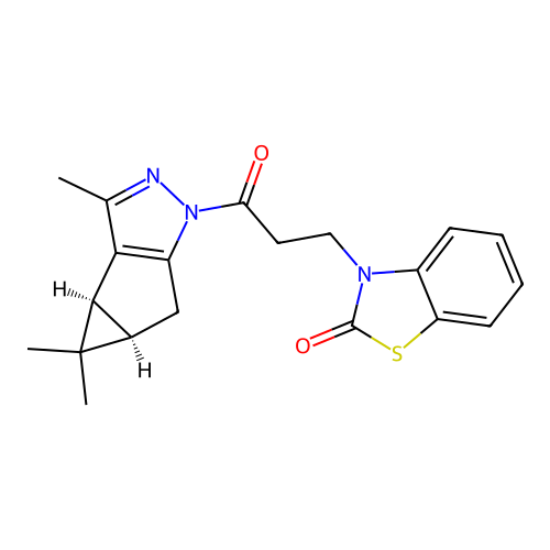 3-(3-oxo-3-((3bS,4aR)-3,4,4-trimethyl-3b,4,4a,5-tetrahydro-1H-cyclopropa[3,4]cyclopenta[1,2-c]pyrazol-1-yl)propyl)benzo[d]thiazol-2(3H)-one structure