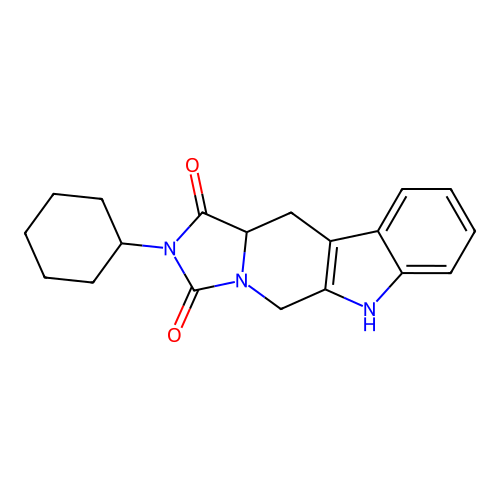 2-cyclohexyl-5,6,11,11a-tetrahydro-1H-imidazo[1',5':1,6]pyrido[3,4-b]indole-1,3(2H)-dione structure