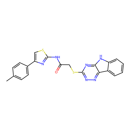 N-[4-(4-methylphenyl)-1,3-thiazol-2-yl]-2-(5H-[1,2,4]triazino[5,6-b]indol-3-ylsulfanyl)acetamide structure