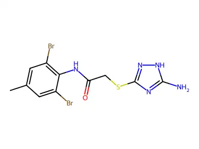2-[(5-amino-1H-1,2,4-triazol-3-yl)sulfanyl]-N-(2,6-dibromo-4-methylphenyl)acetamide structure