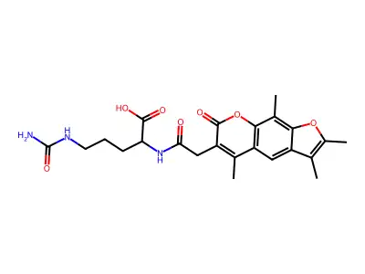 5-(carbamoylamino)-2-[[2-(2,3,5,9-tetramethyl-7-oxofuro[3,2-g]chromen-6-yl)acetyl]amino]pentanoic acid structure