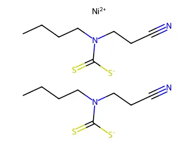3-{1-[Butyl(2-cyanoethyl)carbamothioyl]-4-sulfanylidene-1,3-dithia-5-aza-2-nickelanonan-5-yl}propanenitrile structure