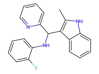 2-fluoro-N-((2-methyl-1H-indol-3-yl)(pyridin-2-yl)methyl)aniline structure