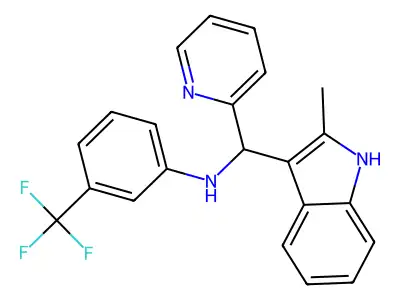 N-((2-methyl-1H-indol-3-yl)(pyridin-2-yl)methyl)-3-(trifluoromethyl)aniline structure