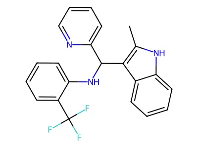 N-((2-methyl-1H-indol-3-yl)(pyridin-2-yl)methyl)-2-(trifluoromethyl)aniline structure