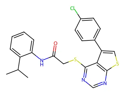 2-[5-(4-chlorophenyl)thiopheno[3,2-e]pyrimidin-4-ylthio]-N-[2-(methylethyl)phe nyl]acetamide structure