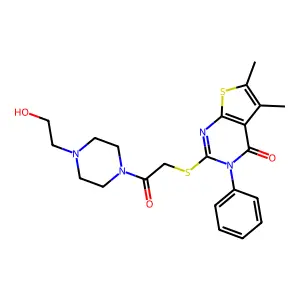 2-((2-(4-(2-hydroxyethyl)piperazin-1-yl)-2-oxoethyl)thio)-5,6-dimethyl-3-phenylthieno[2,3-d]pyrimidin-4(3H)-one structure