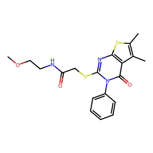 2-((5,6-dimethyl-4-oxo-3-phenyl-3,4-dihydrothieno[2,3-d]pyrimidin-2-yl)thio)-N-(2-methoxyethyl)acetamide structure
