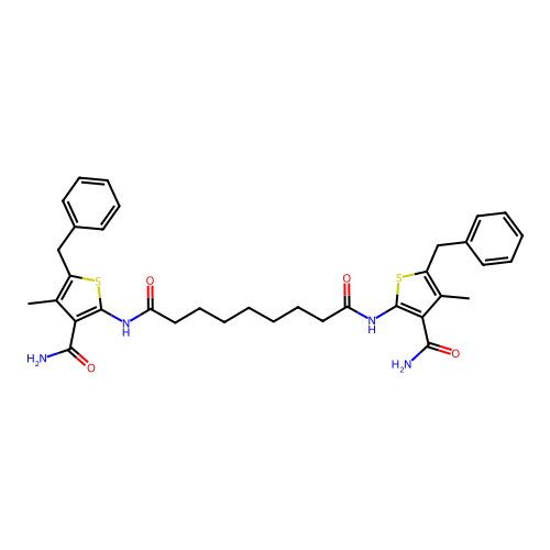 N,N'-bis(5-benzyl-3-carbamoyl-4-methylthiophen-2-yl)nonanediamide structure