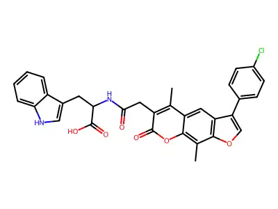 2-[[2-[3-(4-chlorophenyl)-5,9-dimethyl-7-oxofuro[3,2-g]chromen-6-yl]acetyl]amino]-3-(1H-indol-3-yl)propanoic acid structure