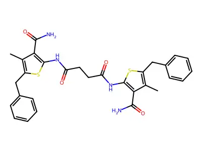 N,N'-bis(5-benzyl-3-carbamoyl-4-methylthiophen-2-yl)butanediamide structure
