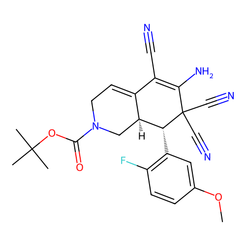 (8R,8aR)-tert-butyl 6-amino-5,7,7-tricyano-8-(2-fluoro-5-methoxyphenyl)-1,7,8,8a-tetrahydroisoquinoline-2(3H)-carboxylate structure