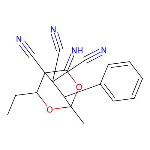 3-Ethyl-5-imino-1-methyl-7-phenyl-2,6-dioxa-bicyclo[2.2.2]octane-4,8,8-tricarbonitrile structure