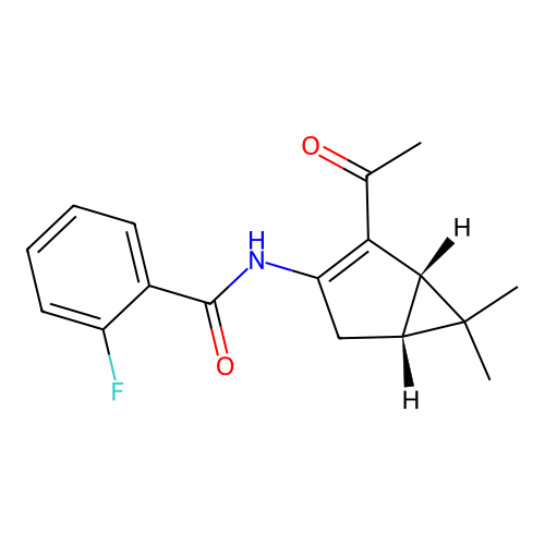 N-((1S,5R)-2-acetyl-6,6-dimethylbicyclo[3.1.0]hex-2-en-3-yl)-2-fluorobenzamide structure