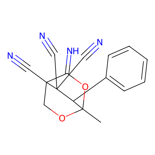 3-Imino-1-methyl-7-phenyl-2,6-dioxabicyclo[2.2.2]octane-4,8,8-tricarbonitrile structure