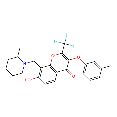 7-hydroxy-3-(3-methylphenoxy)-8-[(2-methylpiperidin-1-yl)methyl]-2-(trifluoromethyl)-4H-chromen-4-one structure