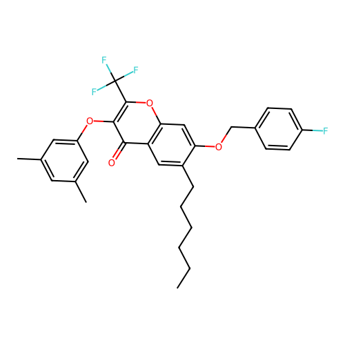3-(3,5-dimethylphenoxy)-7-((4-fluorobenzyl)oxy)-6-hexyl-2-(trifluoromethyl)-4H-chromen-4-one structure