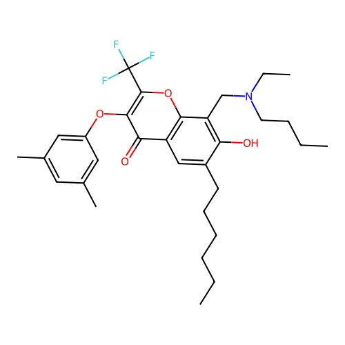8-[[butyl(ethyl)amino]methyl]-3-(3,5-dimethylphenoxy)-6-hexyl-7-hydroxy-2-(trifluoromethyl)chromen-4-one structure