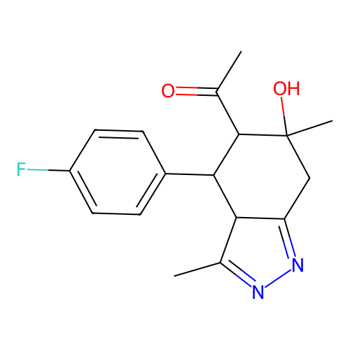 1-[4-(4-fluorophenyl)-6-hydroxy-3,6-dimethyl-3a,4,5,7-tetrahydroindazol-5-yl]ethanone structure