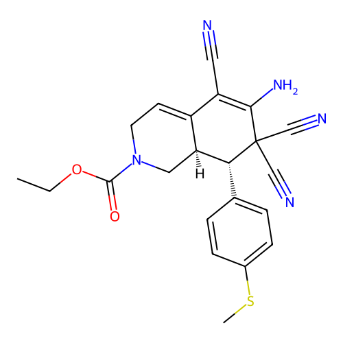 ethyl (8S,8aR)-6-amino-5,7,7-tricyano-8-(4-methylsulfanylphenyl)-1,3,8,8a-tetrahydroisoquinoline-2-carboxylate structure