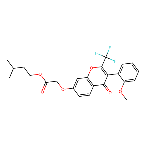3-methylbutyl {[3-(2-methoxyphenyl)-4-oxo-2-(trifluoromethyl)-4H-chromen-7-yl]oxy}acetate structure