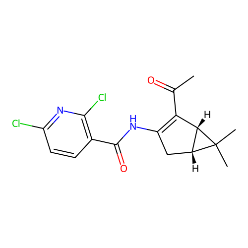 N-((1S,5R)-2-acetyl-6,6-dimethylbicyclo[3.1.0]hex-2-en-3-yl)-2,6-dichloronicotinamide structure