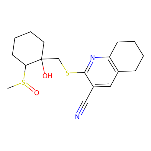 2-(((1-hydroxy-2-(methylsulfinyl)cyclohexyl)methyl)thio)-5,6,7,8-tetrahydroquinoline-3-carbonitrile structure