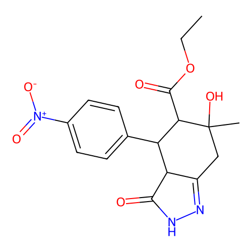 ethyl 6-hydroxy-6-methyl-4-(4-nitrophenyl)-3-oxo-3,3a,4,5,6,7-hexahydro-2H-indazole-5-carboxylate structure